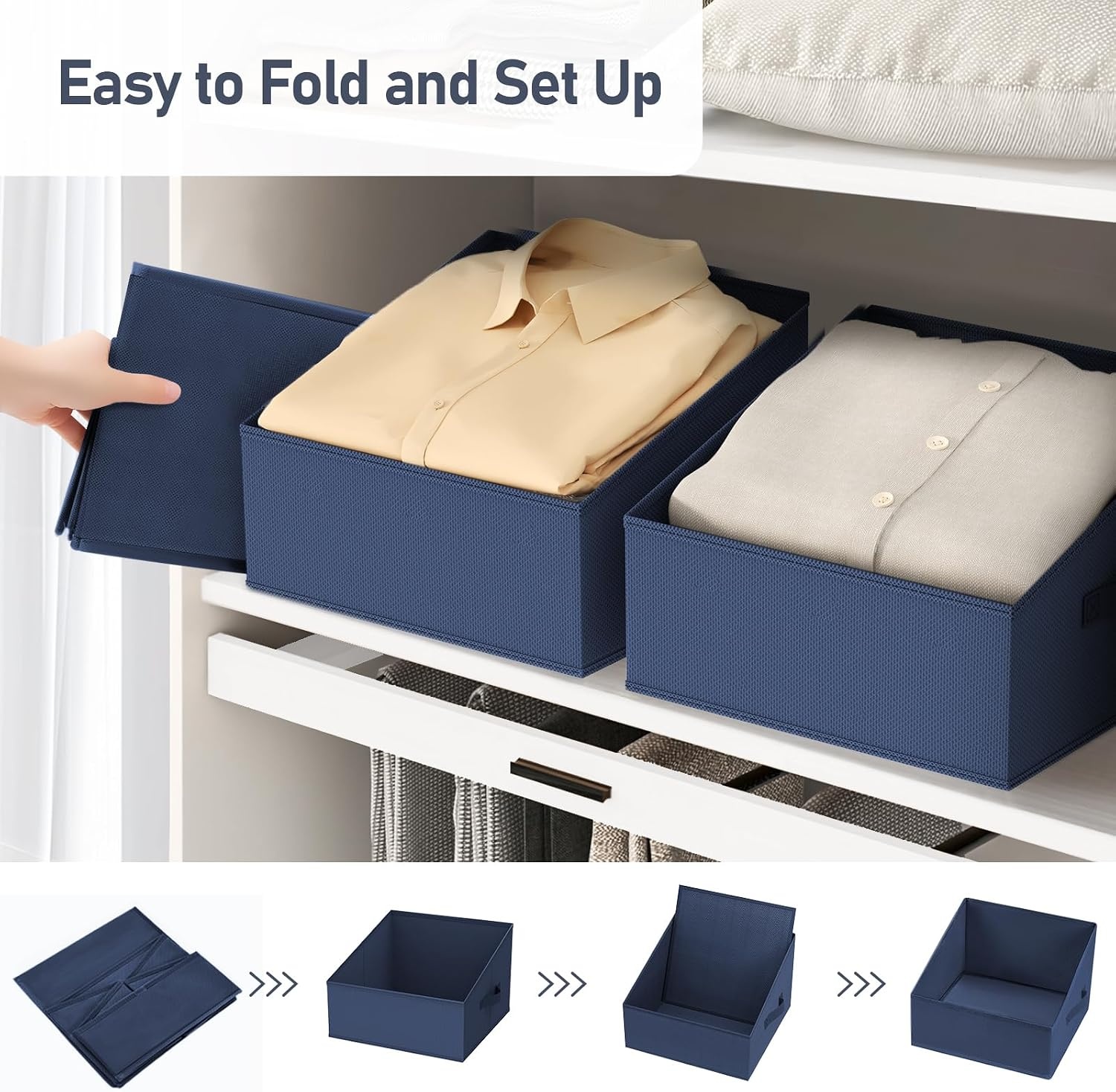 image:imageDIMJ Trapezoid Storage Bins for closet shelves Closet Organzier Bins with Handle Foldable Closet Storage Bins Basket Closet Organizers and Storage for Toys Books 6 Packs BlackNavy Blue