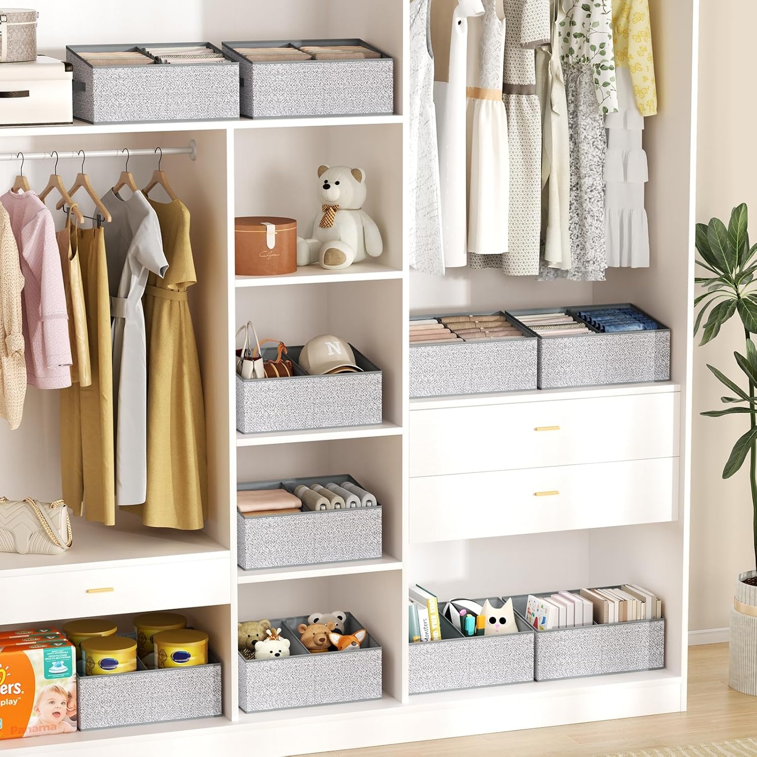 image:imageDIMJ Trapezoid Storage Bins for closet shelves Closet Organzier Bins with Handle Foldable Closet Storage Bins Basket Closet Organizers and Storage for Toys Books 6 Packs BlackSilver Gray