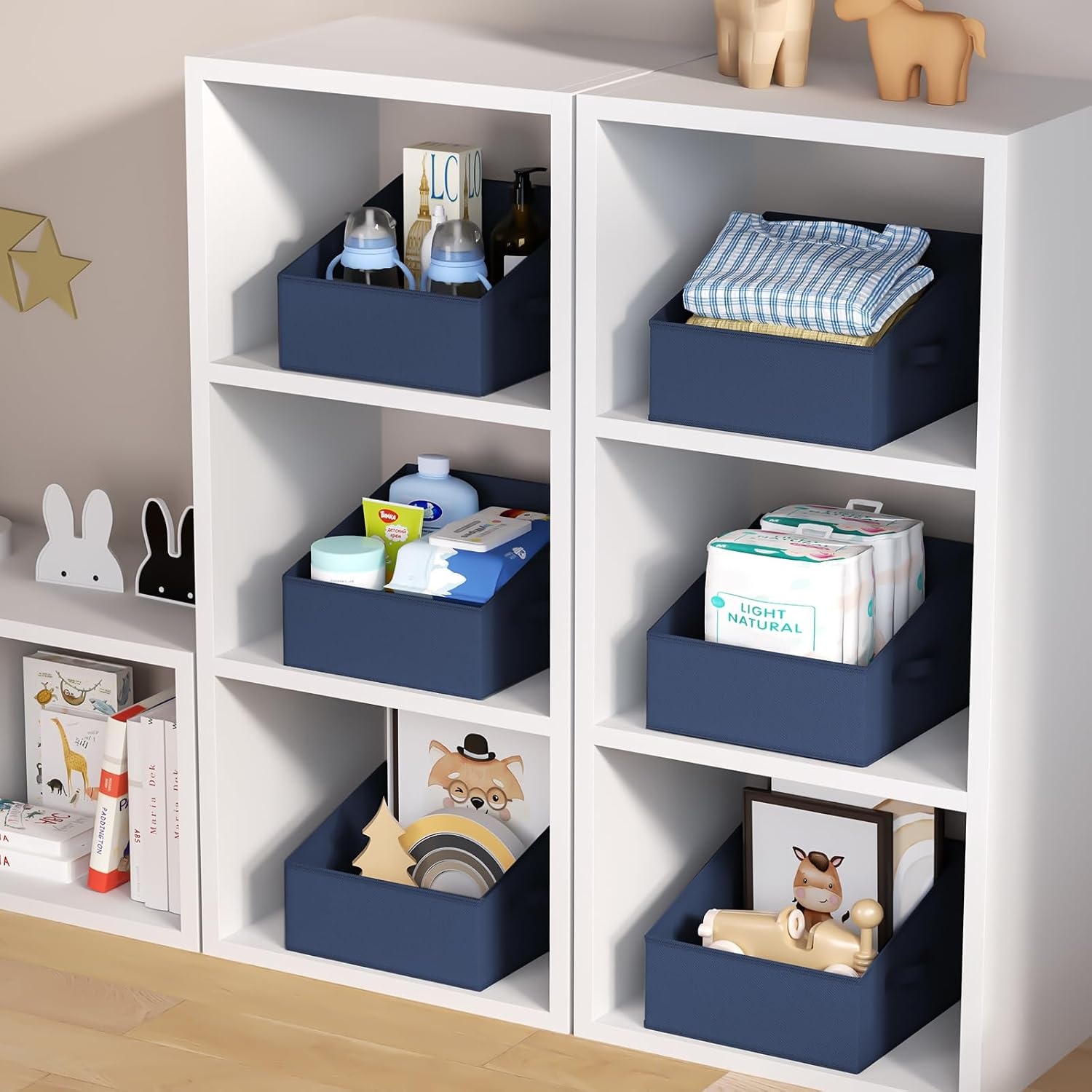 image:imageDIMJ Trapezoid Storage Bins for closet shelves Closet Organzier Bins with Handle Foldable Closet Storage Bins Basket Closet Organizers and Storage for Toys Books 6 Packs BlackNavy Blue