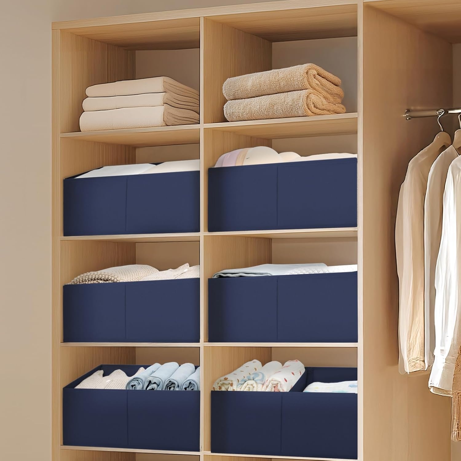 image:imageDIMJ Trapezoid Storage Bins for closet shelves Closet Organzier Bins with Handle Foldable Closet Storage Bins Basket Closet Organizers and Storage for Toys Books 6 Packs BlackNavy Blue