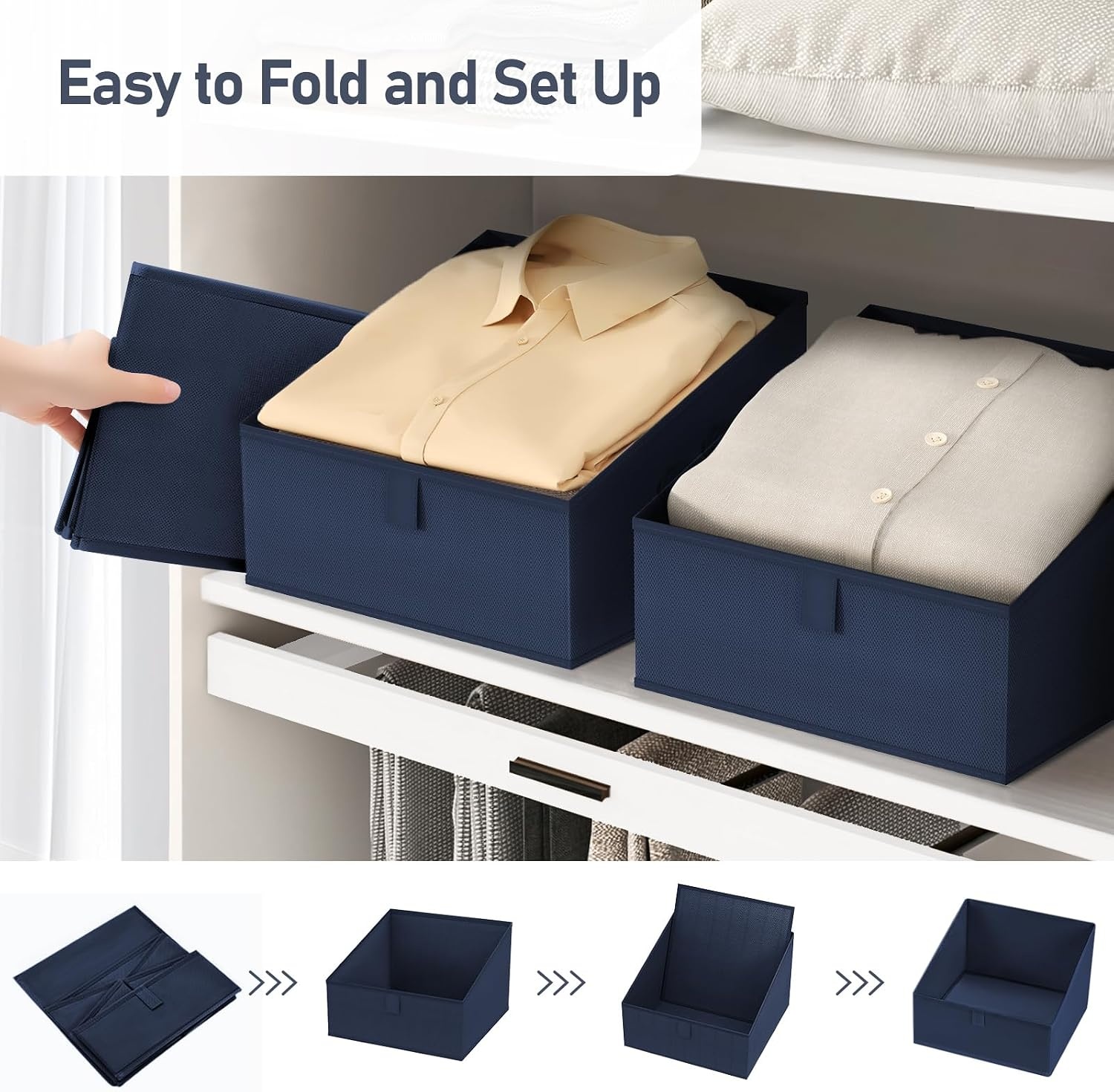 image:imageDIMJ Trapezoid Storage Bins for closet shelves Closet Organzier Bins with Handle Foldable Closet Storage Bins Basket Closet Organizers and Storage for Toys Books 6 Packs BlackNavy Blue