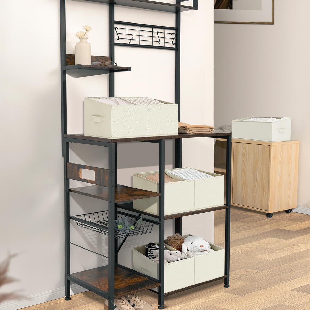 image:imageDIMJ Trapezoid Storage Bins for closet shelves Closet Organzier Bins with Handle Foldable Closet Storage Bins Basket Closet Organizers and Storage for Toys Books 6 Packs BlackBeige