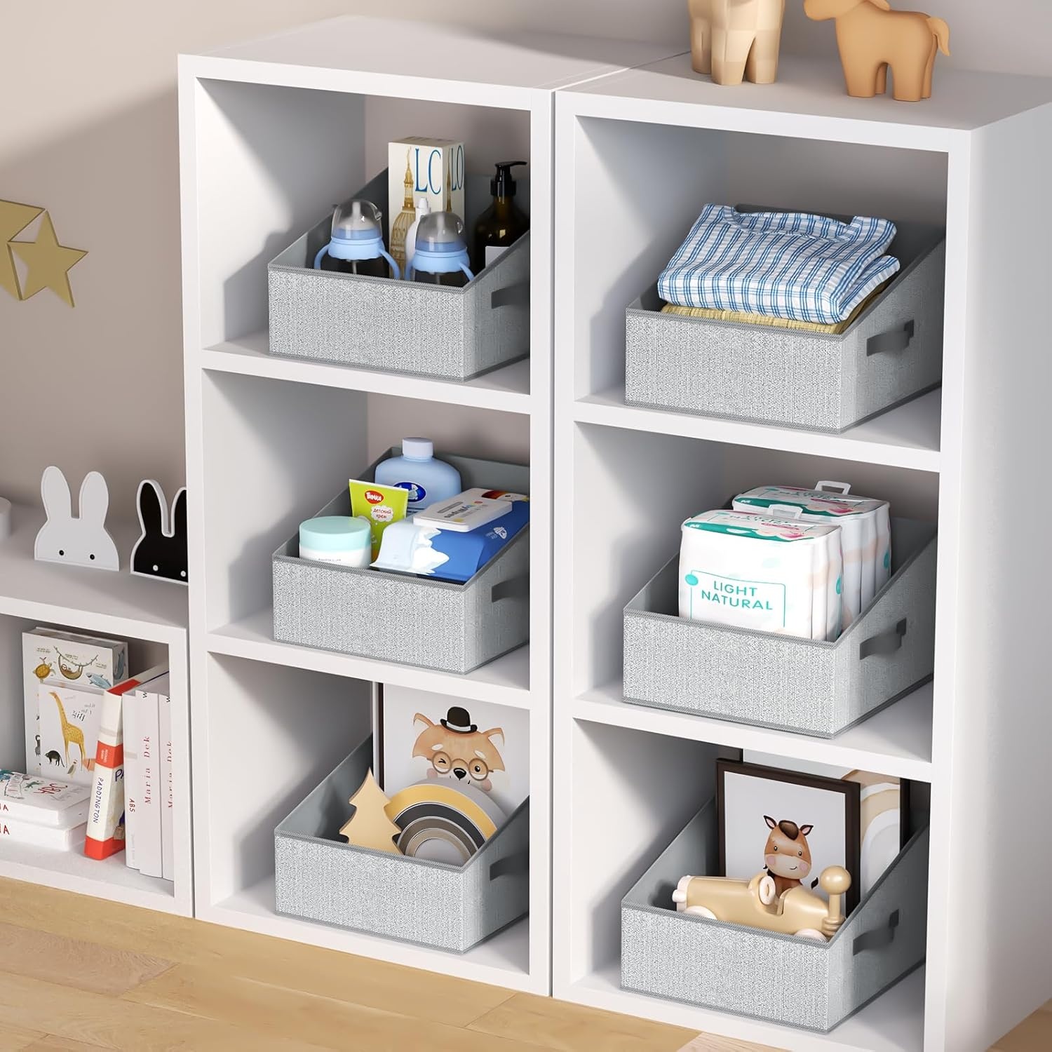 image:imageDIMJ Trapezoid Storage Bins for closet shelves Closet Organzier Bins with Handle Foldable Closet Storage Bins Basket Closet Organizers and Storage for Toys Books 6 Packs BlackBlended Gray