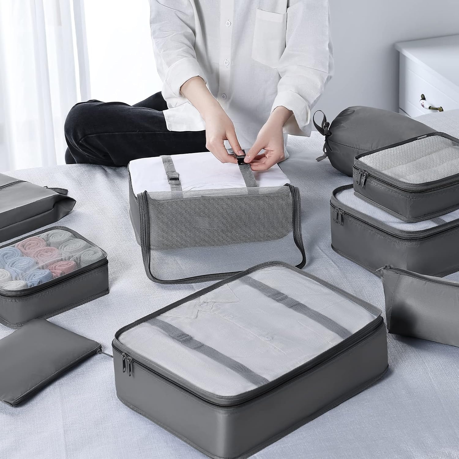 image:imageDIMJ Travel Cubes for Luggage Lightweight Packing Cubes for Suitcases Carry On Mesh Packing Cubes Luggage Cubes for Packing With Makeup Bag and Laundry Bag 9 Pack Grey