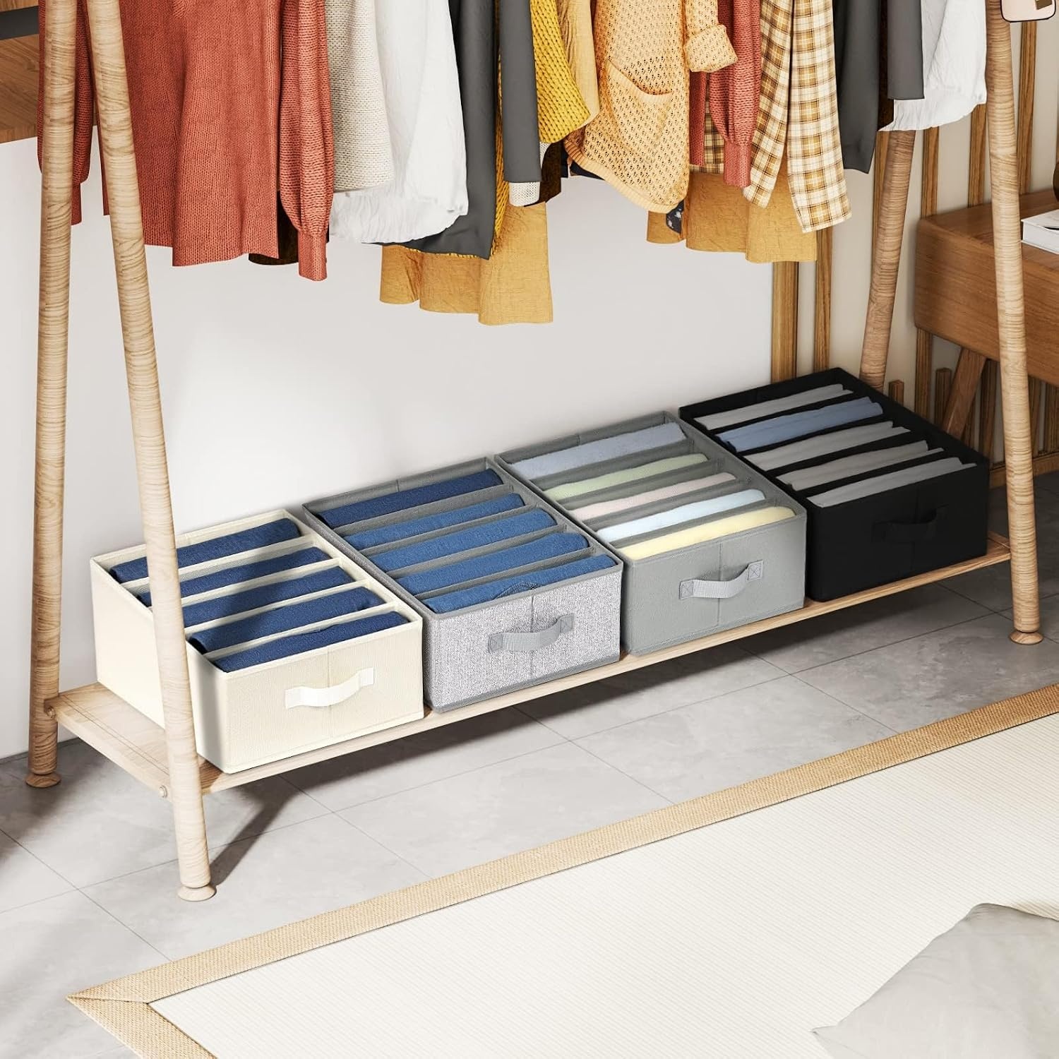 image:imageDIMJ Wardrobe Clothes Organizer Fabric Drawer Organizer Clothes Pants Jeans Sweater Organizer for Closet Foldable Closet Storage Organizers 5 Grids Clothing Drawer Organizers 4 Pack Ash Grey