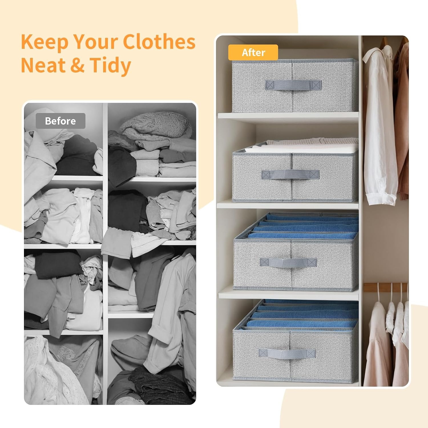 image:imageDIMJ Wardrobe Clothes Organizer Fabric Drawer Organizer Clothes Pants Jeans Sweater Organizer for Closet Foldable Closet Storage Organizers 5 Grids Clothing Drawer Organizers 4 Pack Ash Grey