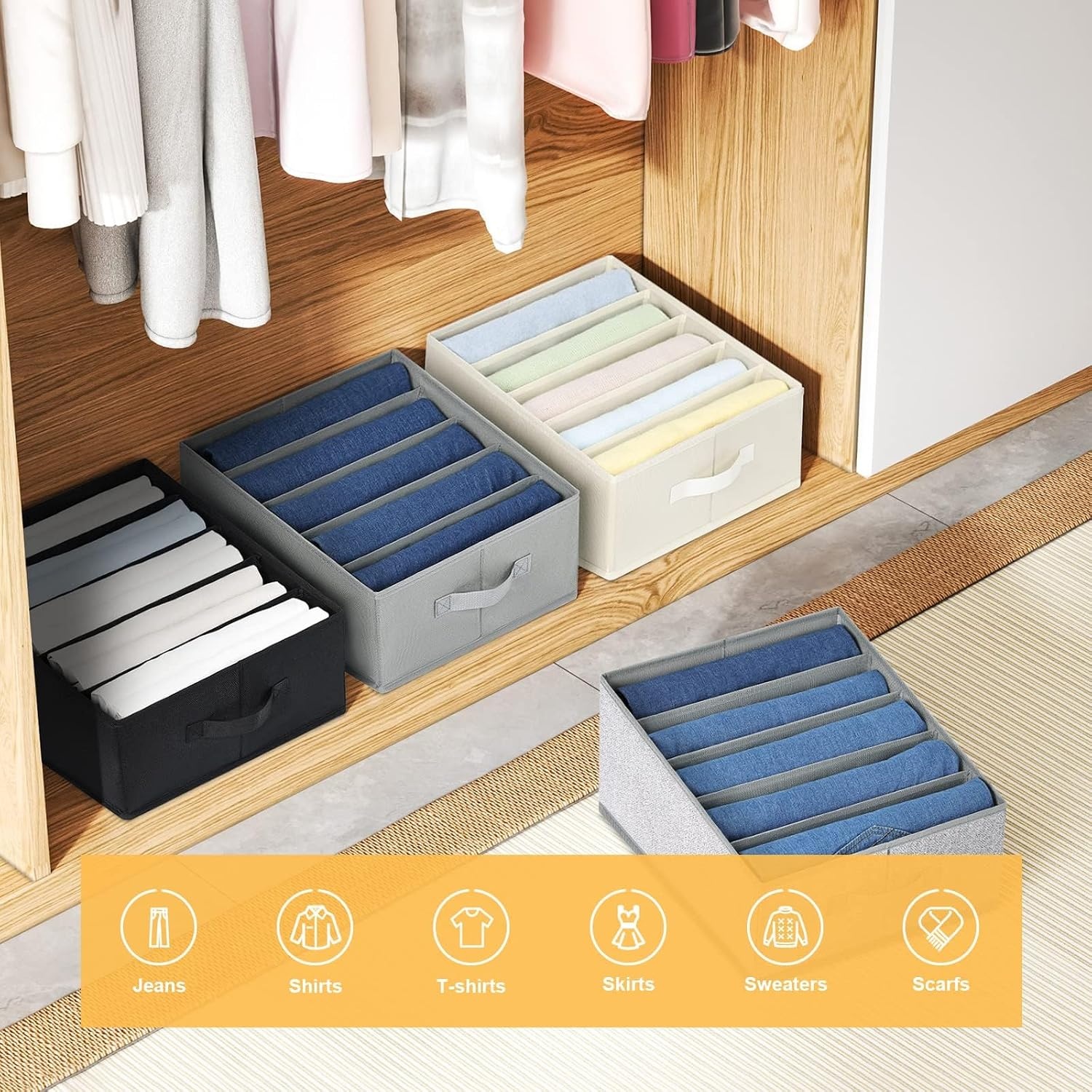 image:imageDIMJ Wardrobe Clothes Organizer Fabric Drawer Organizer Clothes Pants Jeans Sweater Organizer for Closet Foldable Closet Storage Organizers 5 Grids Clothing Drawer Organizers 4 Pack Ash Grey