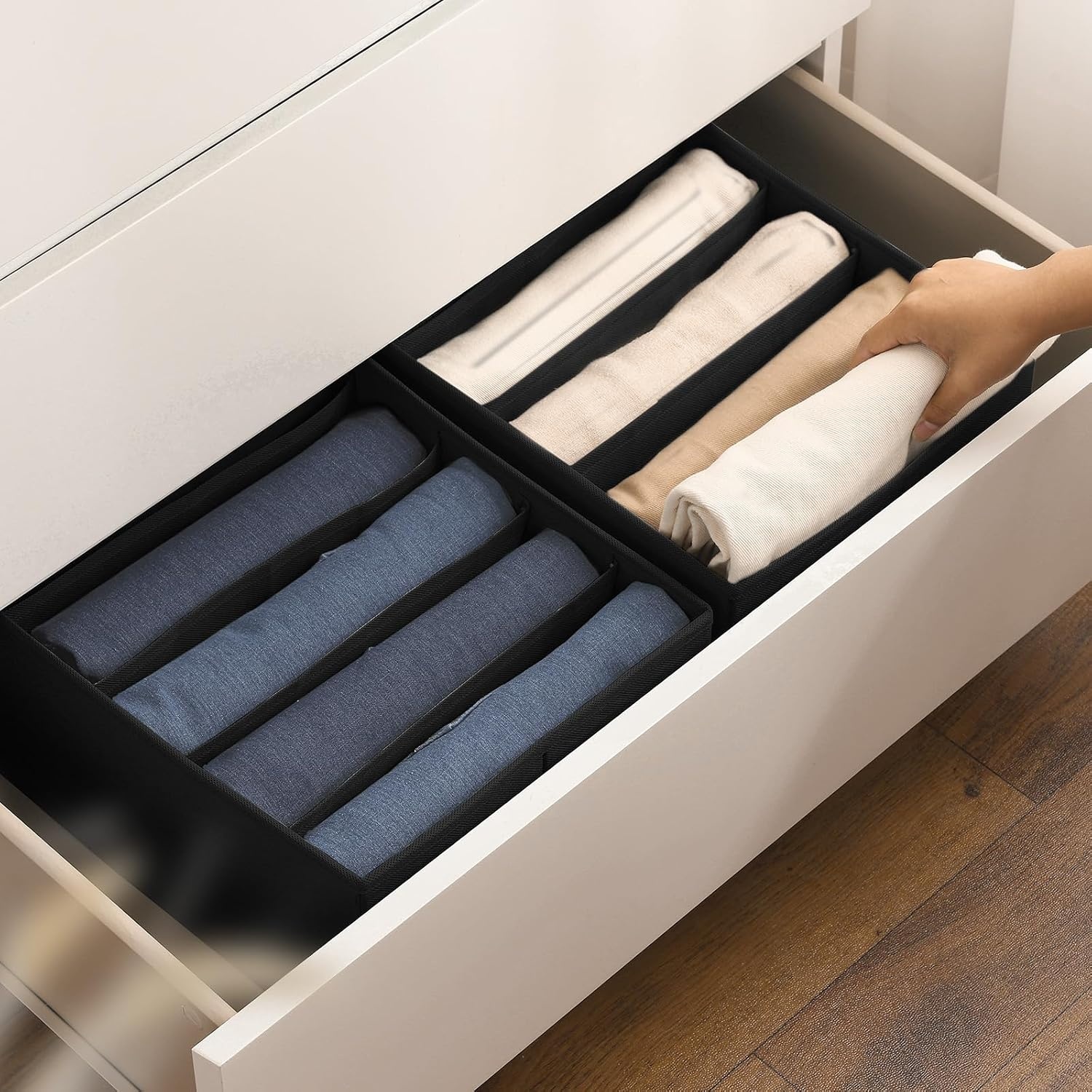 image:imageDIMJ Wardrobe Clothes Organizer Foldable Jeans Organizer Closet Organizers and Storage Box Clothes Organizer for Folded Clothes Jeans Sweater Tshirts 5 Grids Black