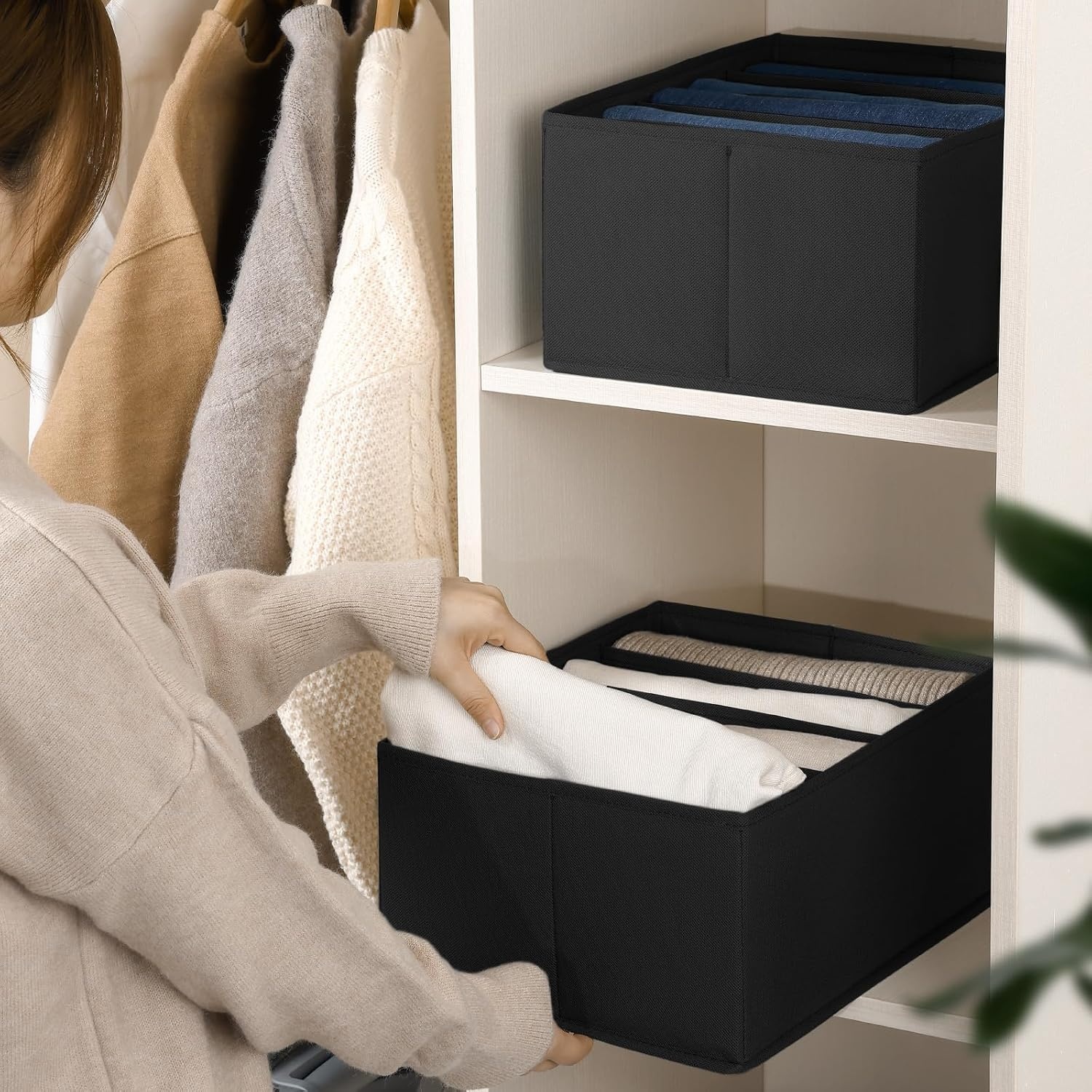 image:imageDIMJ Wardrobe Clothes Organizer Foldable Jeans Organizer Closet Organizers and Storage Box Clothes Organizer for Folded Clothes Jeans Sweater Tshirts 5 Grids Black