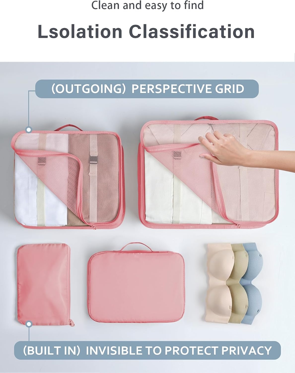 image:imagePacking Cubes for Travel 8Pcs Travel Cubes Set Foldable Suitcase Organizer Lightweight Luggage Storage Bag Pink