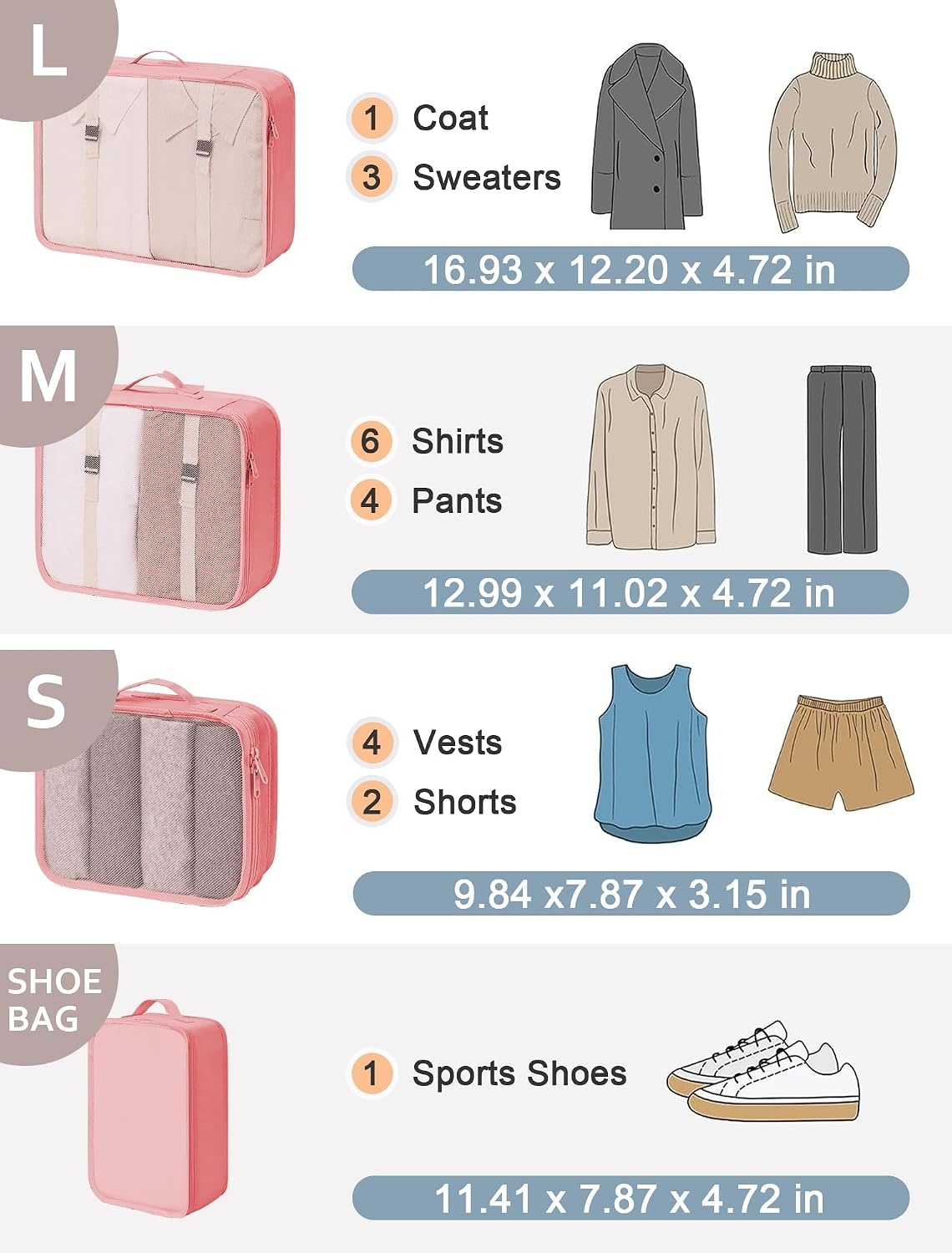 image:imagePacking Cubes for Travel 8Pcs Travel Cubes Set Foldable Suitcase Organizer Lightweight Luggage Storage Bag Pink