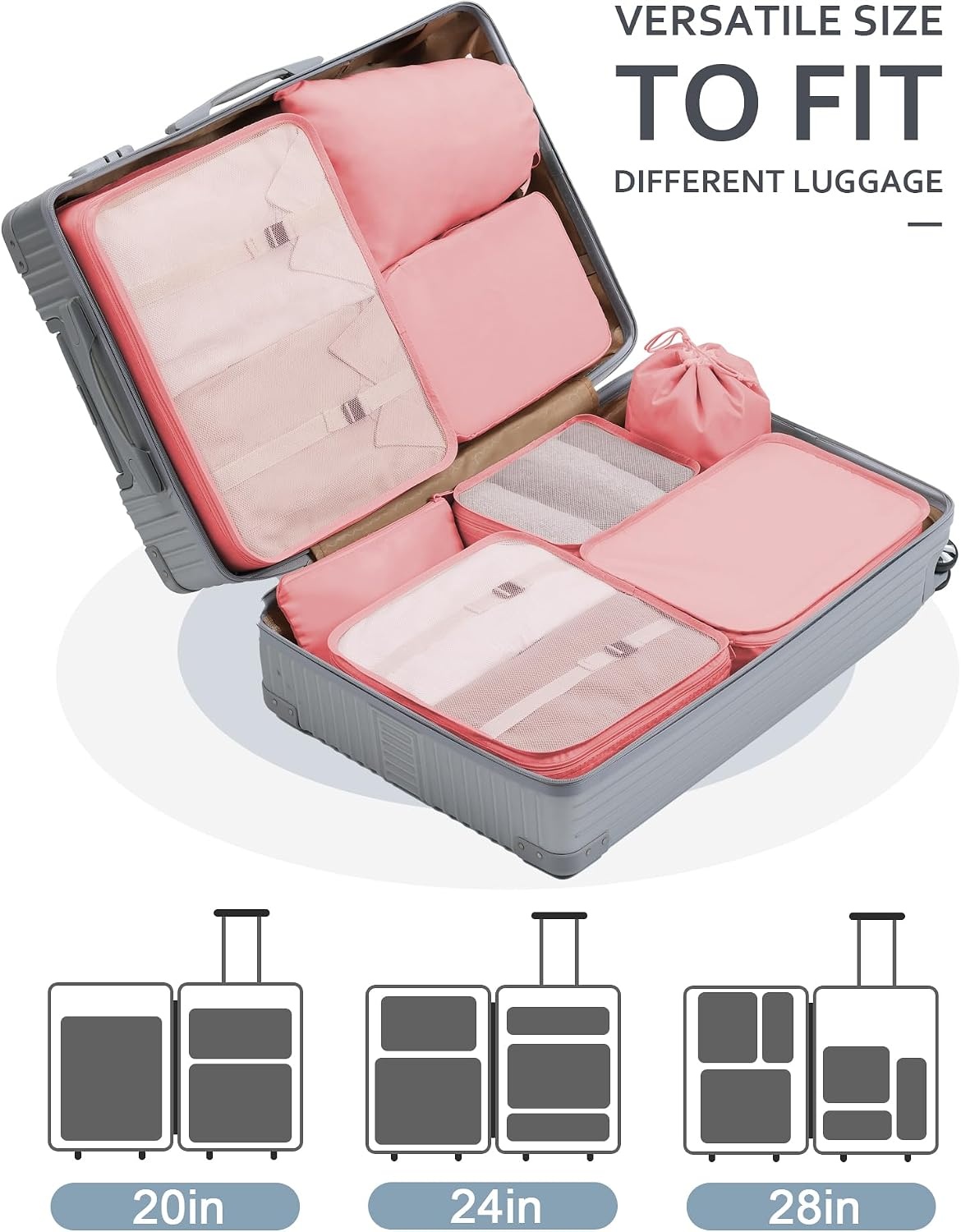 image:imagePacking Cubes for Travel 8Pcs Travel Cubes Set Foldable Suitcase Organizer Lightweight Luggage Storage Bag Pink