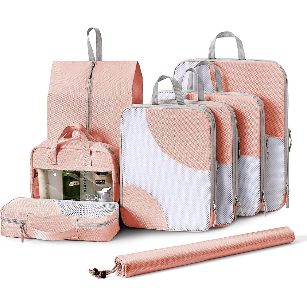 image:imageCompression Packing Cubes Travel DIMJ 8 Set Packing Cubes for Travel Lightweight Packing Cubes Compression Packing Cubes for Suitcases with Thick Zip Clear Window Wash Bag Pink HXYS004