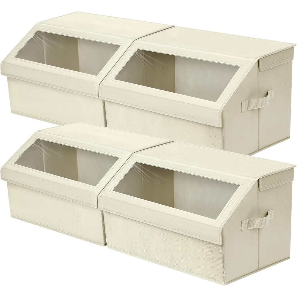 image:imageDIMJ Closet Storage Bins with Lids Storage Boxes with Front Window Foldable Fabric Storage Bins Closet Organizers and Storage for Clothes Towels Shelves 4 Pack Beige