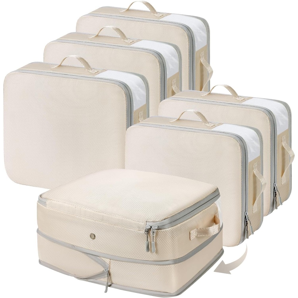 image:imageDIMJ Clothes Storage Bag 8 Pack 19L Compression Storage Bags for Sweater Closet Sheet Storage Organizer with Window Handle Compression Packing Cubes Space Saver Storage Bags with ZipperBeige