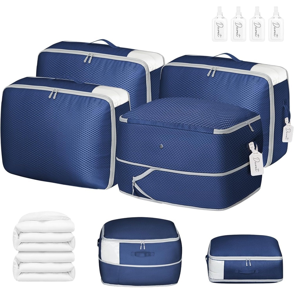 image:imageDIMJ Comforter Storage Bag 4 Pack Blanket Storage Organizer Compression Bags Large Capacity Ultra Space Saving Self Compression Organize for Bedding Pillow Duvet Sheet Storage with Zipper WindowNavy Blue
