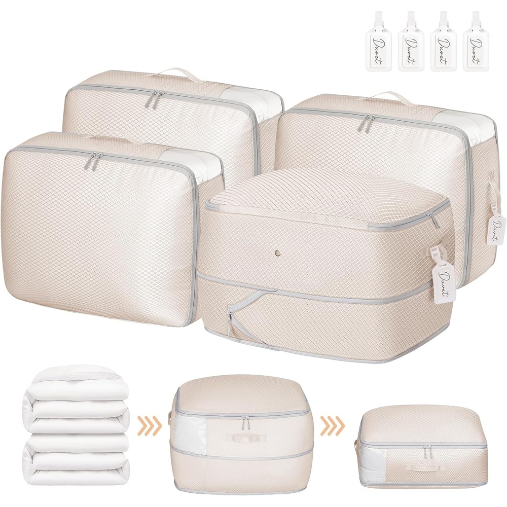 image:imageDIMJ Comforter Storage Bag 4 Pack Blanket Storage Organizer Compression Bags Large Capacity Ultra Space Saving Self Compression Organize for Bedding Pillow Duvet Sheet Storage with Zipper Window