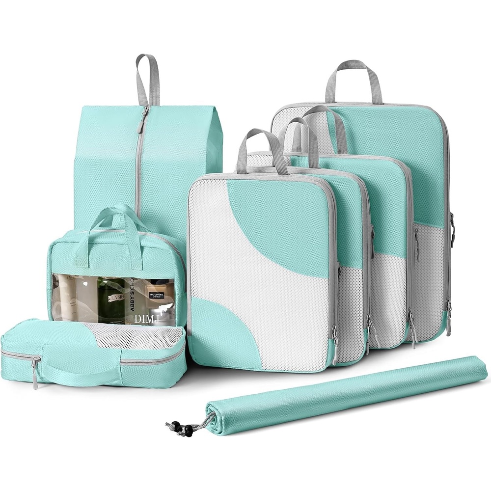 image:imageDIMJ Compression Packing Cubes 8 Set for Travel With Double Zipper Mesh Cubes With Clear Window Wash Bag Blue YSHX005