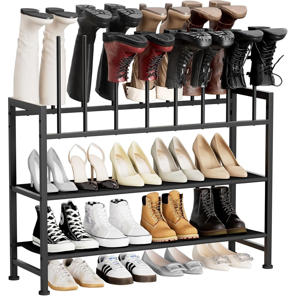image:imageDIMJ Free Standing Shoe Racks 3Tier Boot Rack Black Metal Storage Organizer for Tall Boots Sneakers Closet Organizer Multiuse Shoe Rack Fits 6 Pairs1 Pack 4 Tier 8 Pairs