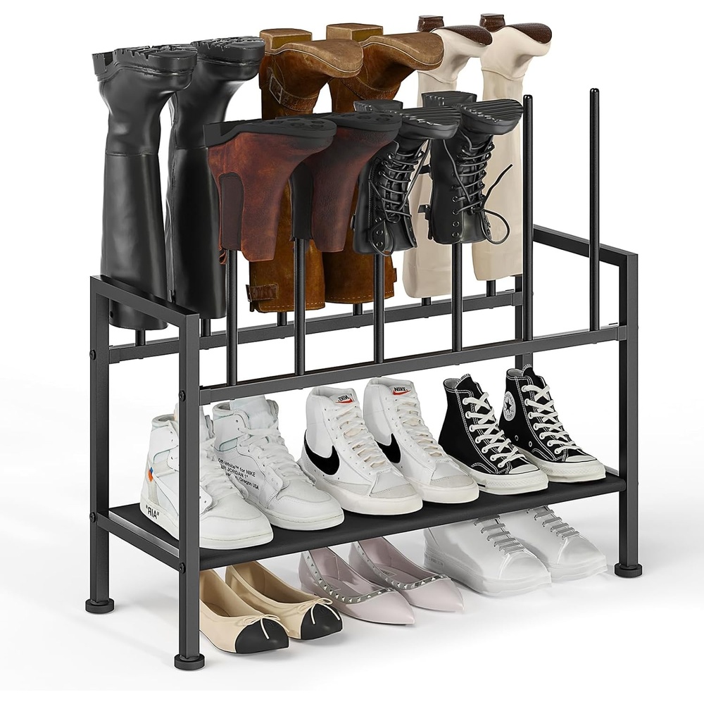 image:imageDIMJ Free Standing Shoe Racks 3Tier Boot Rack Black Metal Storage Organizer for Tall Boots Sneakers Closet Organizer Multiuse Shoe Rack Fits 6 Pairs1 Pack 3Tier