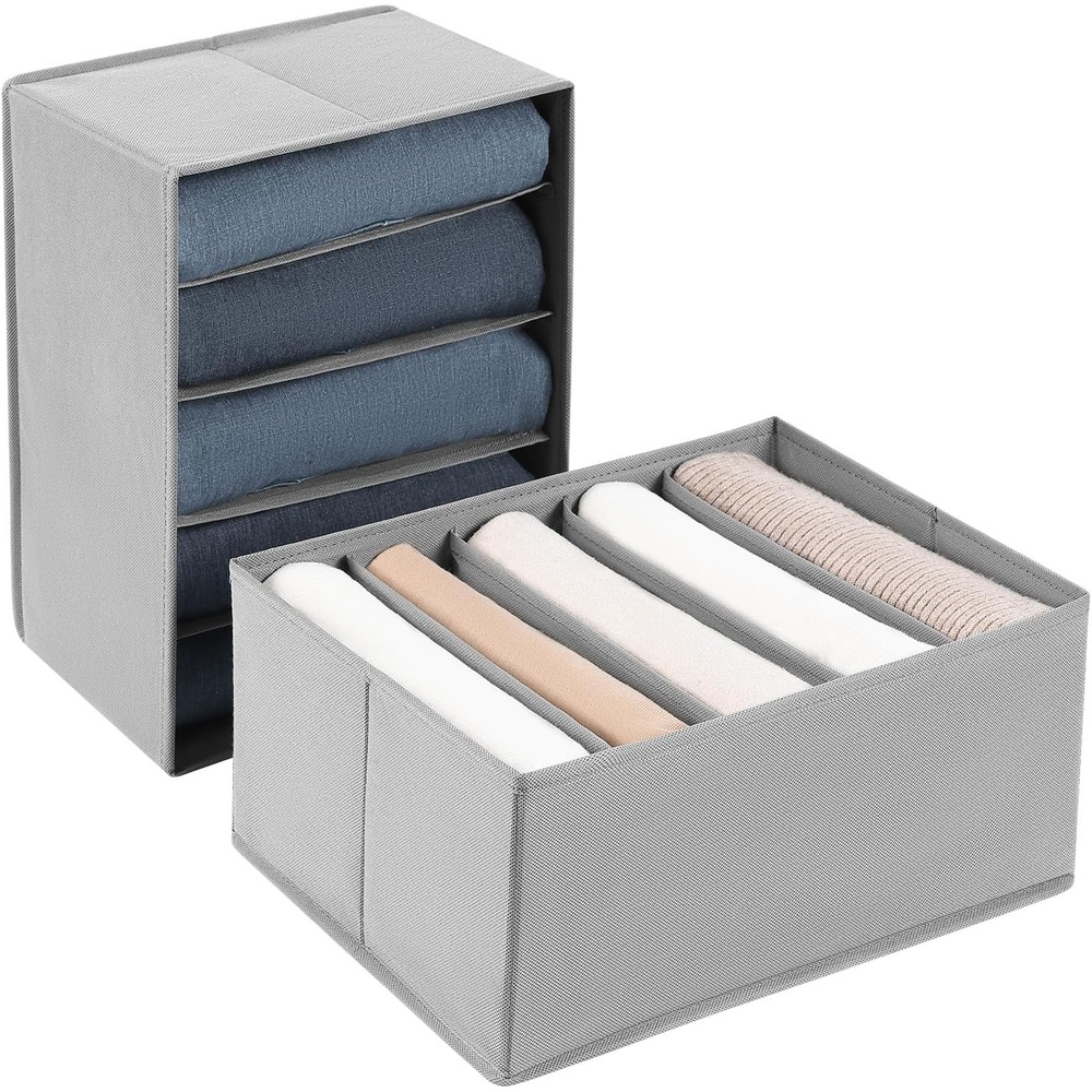 image:imageDIMJ Large Wardrobe Organizer 6 Cell Foldable Clothing Drawer Organizers Closet Storage Bins for Clothes Jeans Wardrobe 2 Packs Grey
