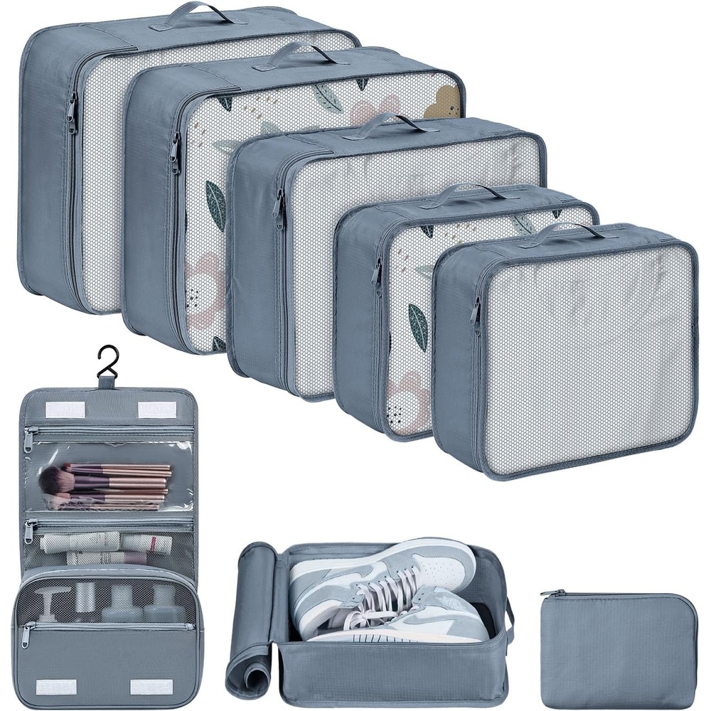 image:imageDIMJ Packing Cubes 8 Pcs for Suitcase Lightweight Travel Essential Bag with Large Toiletries Bag for Clothes Shoes Cosmetics Toiletries Grey