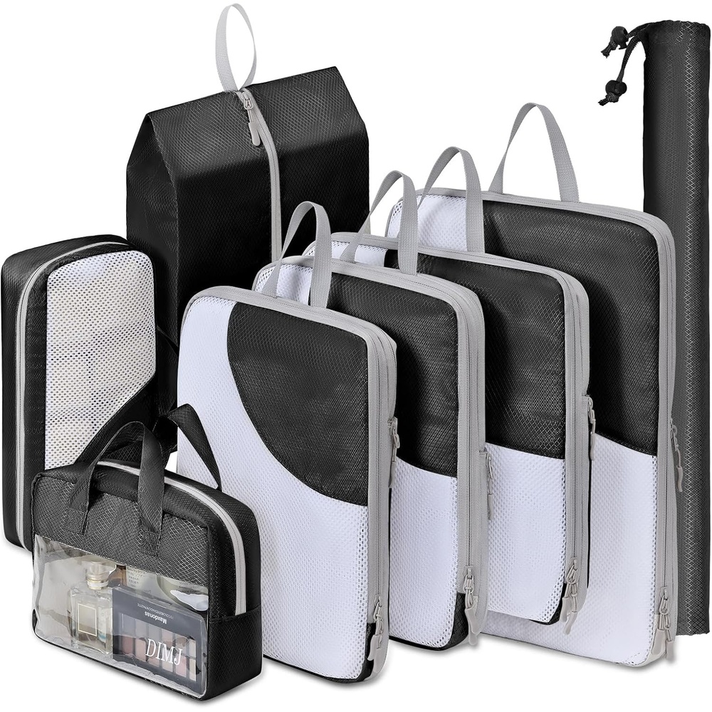image:imageDIMJ Packing Cubes Compression 8 Set Compression Packing Cubes Mesh Design Packing Cubes for Travel Compression Packing Cubes for Suitcases with Thick Zip Clear Window Wash Bag Black HXYS002