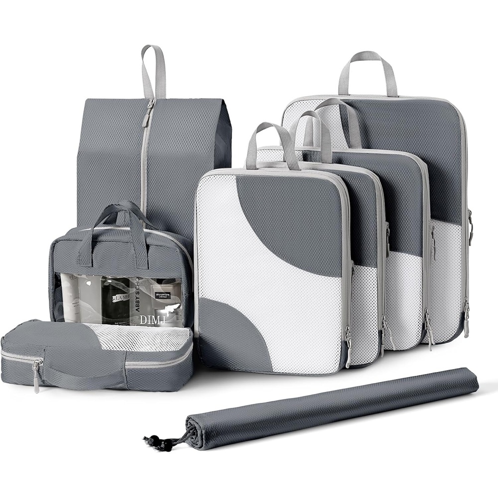 image:imageDIMJ Packing Cubes Compression Compression Packing Cubes Travel Mesh Design Packing Cubes for Suitcases Travel Cubes for Packing with Sock Bag Transparent Window Wash Bag 8 Pack Grey