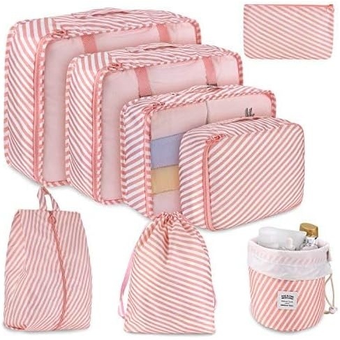 image:imageDIMJ Packing Cubes Durable Packing Cubes for Travel Lightweight Travel Cubes Pink Stripe 8 Pack
