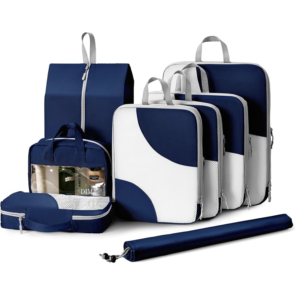 image:imageDIMJ Packing Cubes for Travel Mesh Design Compression Cubes with Sock Bag Clear Window Wash Bag Navy Blue YSHX006