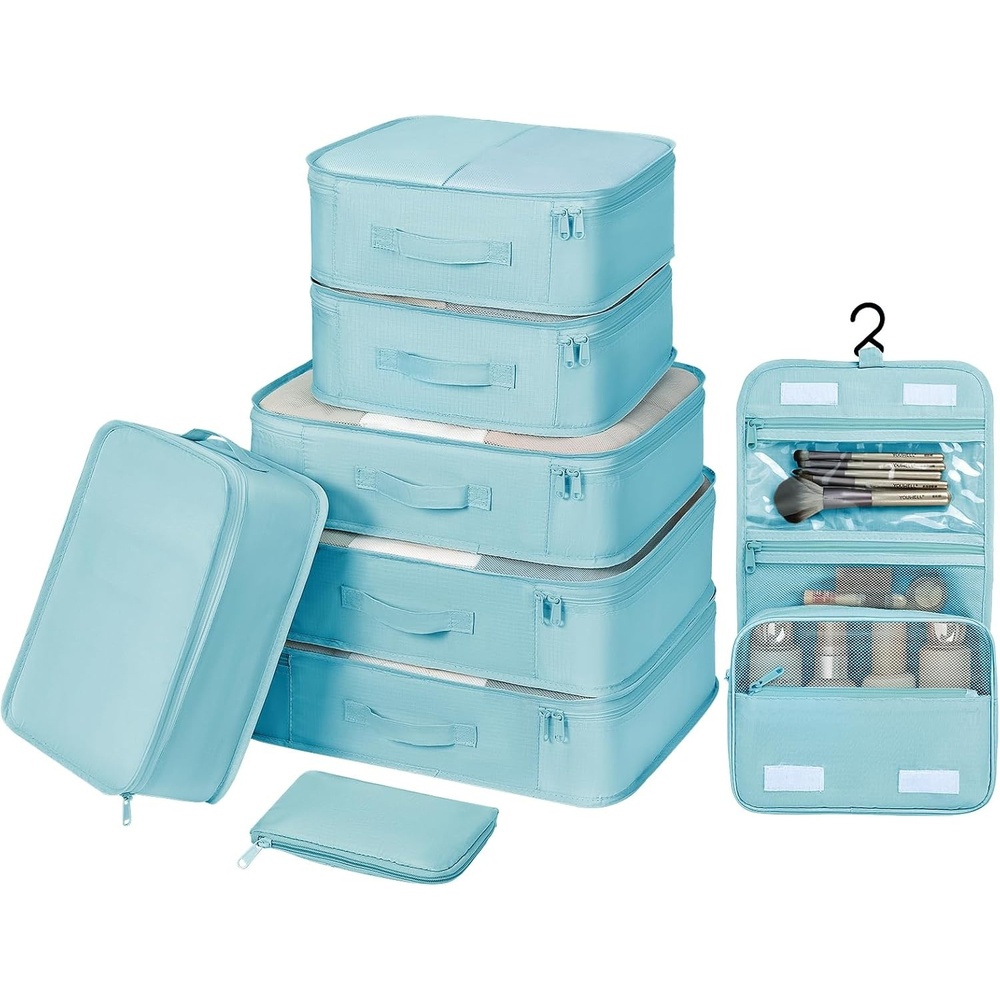 image:imageDIMJ Packing Cubes for Travel Organizer Bags Set for Carry on Suitcase Lightweight Travel Cubes for luggage with Large Toiletries Bag Blue