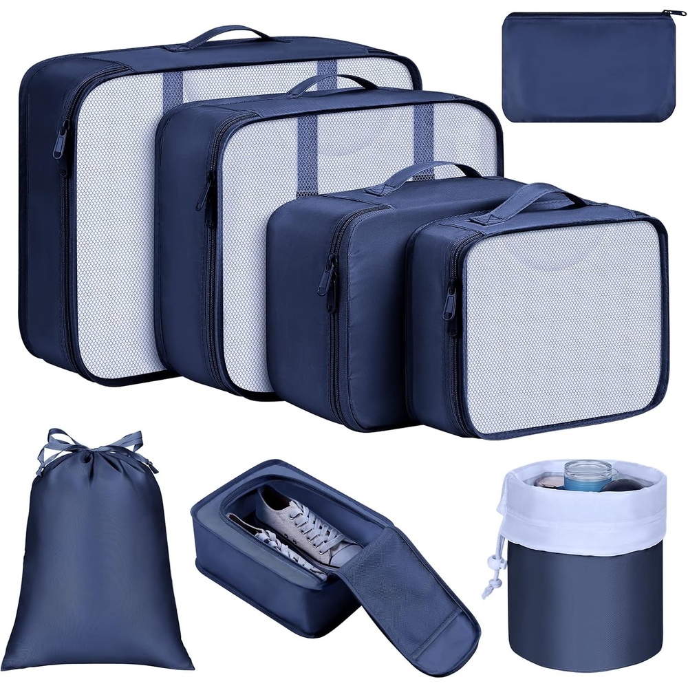 image:imageDIMJ Packing Cubes for Travel 8Pcs Travel Cubes Set Foldable Suitcase Organizer Lightweight Luggage Storage Bag Dark Blue