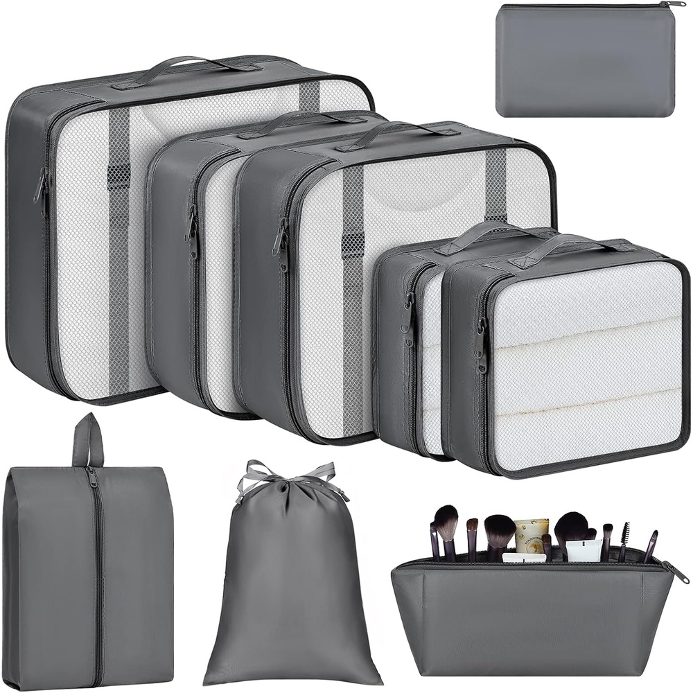 image:imageDIMJ Travel Cubes for Luggage Lightweight Packing Cubes for Suitcases Carry On Mesh Packing Cubes Luggage Cubes for Packing With Makeup Bag and Laundry Bag 9 Pack Grey