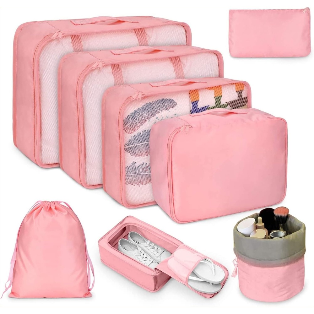image:imagePacking Cubes for Travel 8Pcs Travel Cubes Set Foldable Suitcase Organizer Lightweight Luggage Storage Bag Pink