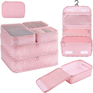 image:imageDIMJ Packing Cubes 8 Pcs Travel Cubes for Suitcase Lightweight Travel Essential Bag with Large Toiletries Bag for Clothes Shoes Cosmetics Toiletries Pink stripe