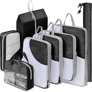 image:imageDIMJ Packing Cubes Compression  8 Set Compression Packing Cubes Mesh Design Packing Cubes for Travel Compression Packing Cubes for Suitcases with Thick Zip Clear Window Wash Bag Black HXYS002