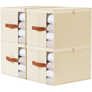 image:imageDIMJ Storage Bins With Lids  Large Clothes Storage Bins with Window Sheet Organizers and Storage Foldable Closet Sheet Organizer Containers for Clothing Sweater Blanket 4 Pack Beige