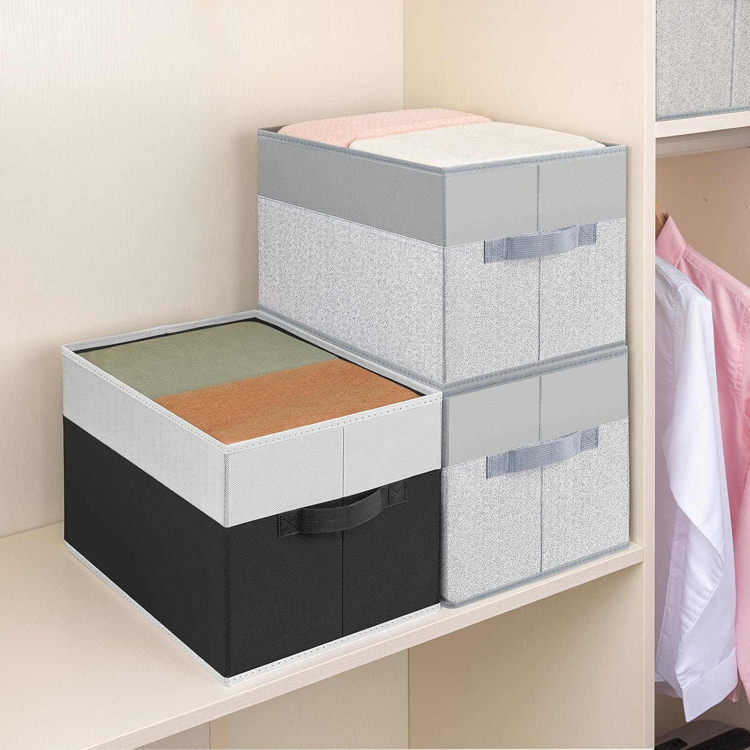 image:imageDIMJ Closet Storage Bins Fabric Baskets for Shelves with HandlesCloset Shelf Organizer Bins for Organization Storage Box Cubes for Closet Wardrobe Shelf 3 Pack Black and White