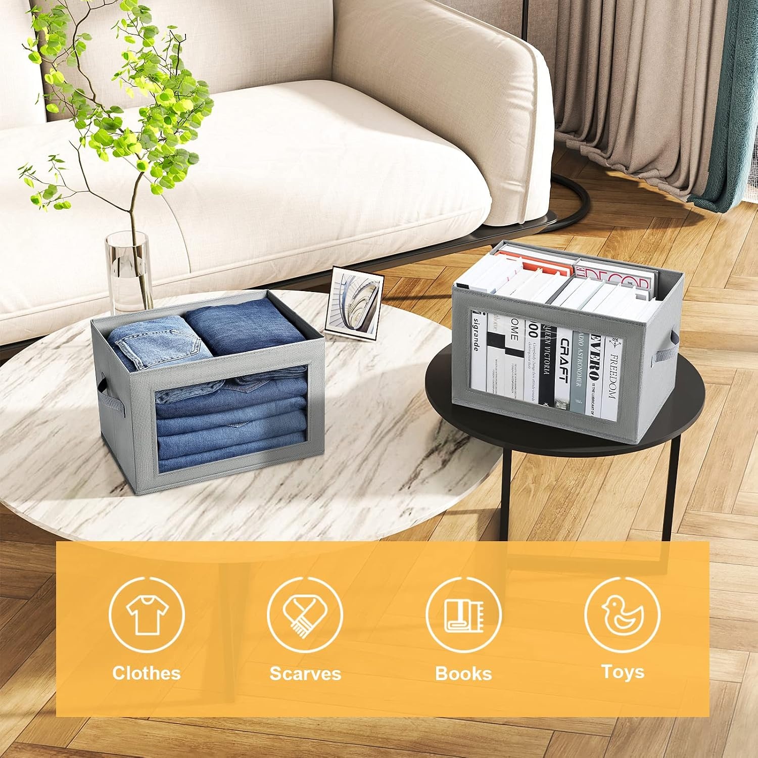 image:imageDIMJ Storage Bins with Lids Foldable Fabric Storage Baskets with Window and Handle for Closet Clothes Booksitems 4 Pack Gray