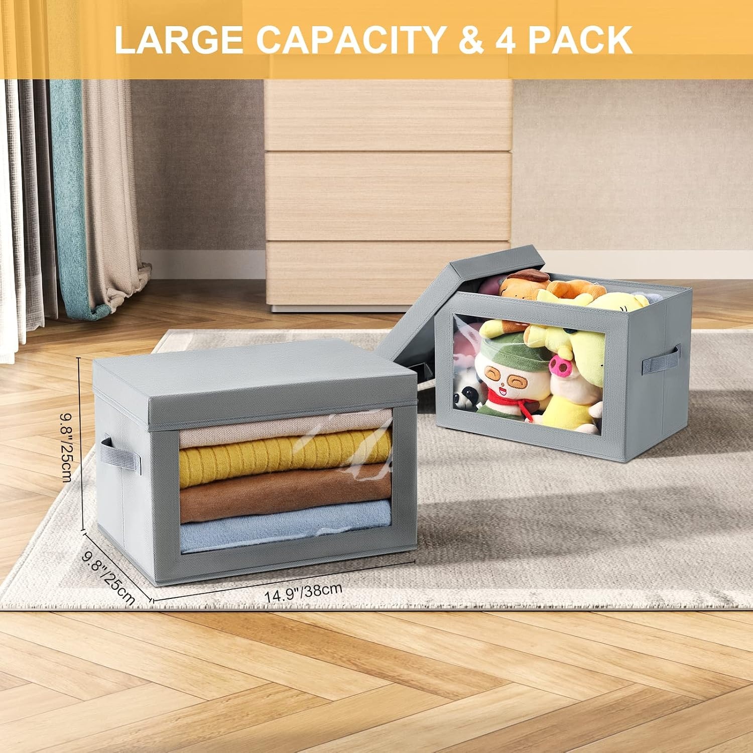 image:imageDIMJ Storage Bins with Lids Foldable Fabric Storage Baskets with Window and Handle for Closet Clothes Booksitems 4 Pack Gray