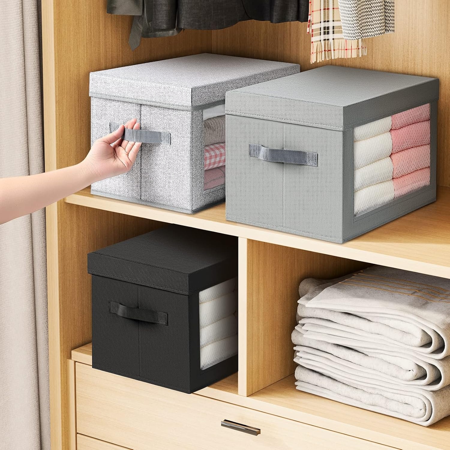 image:imageDIMJ Storage Bins with Lids Foldable Fabric Storage Baskets with Window and Handle for Closet Clothes Booksitems 4 Pack Gray