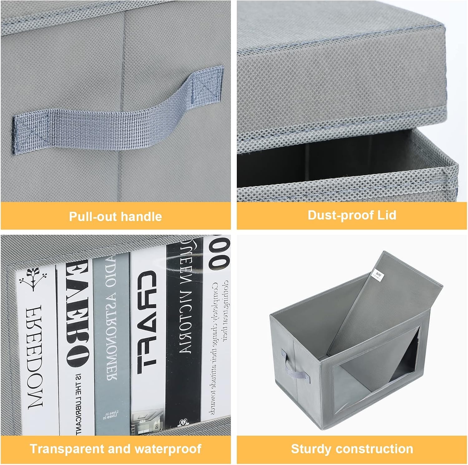 image:imageDIMJ Storage Bins with Lids Foldable Fabric Storage Baskets with Window and Handle for Closet Clothes Booksitems 4 Pack Gray