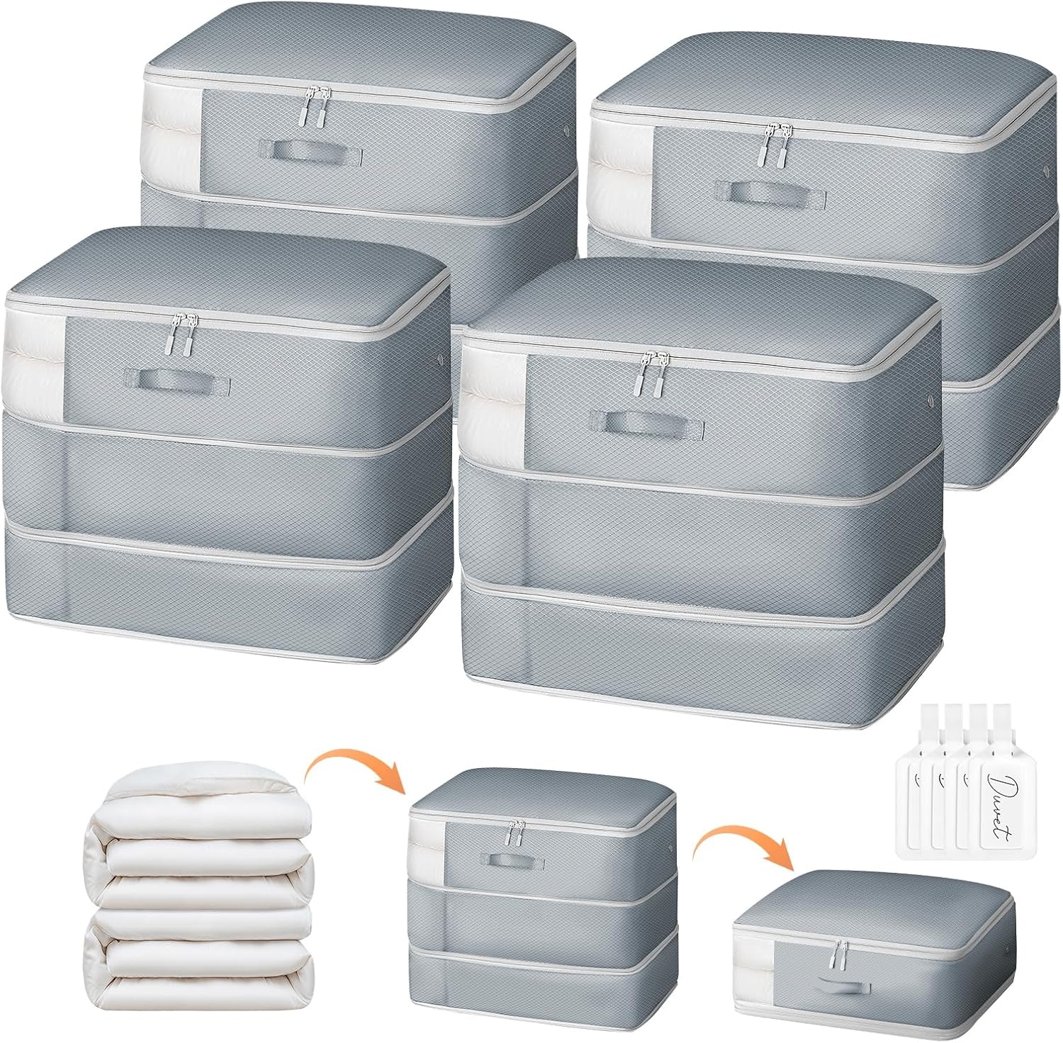 image:imageDIMJ Compression Storage Bags 8 Pack Blanket Storage Bags with Window Zipper Ultra Space Saving Self Compression Organizer for Puffer Jacket Bedding Lightweight Comforter Duvet Sweater SheetGray