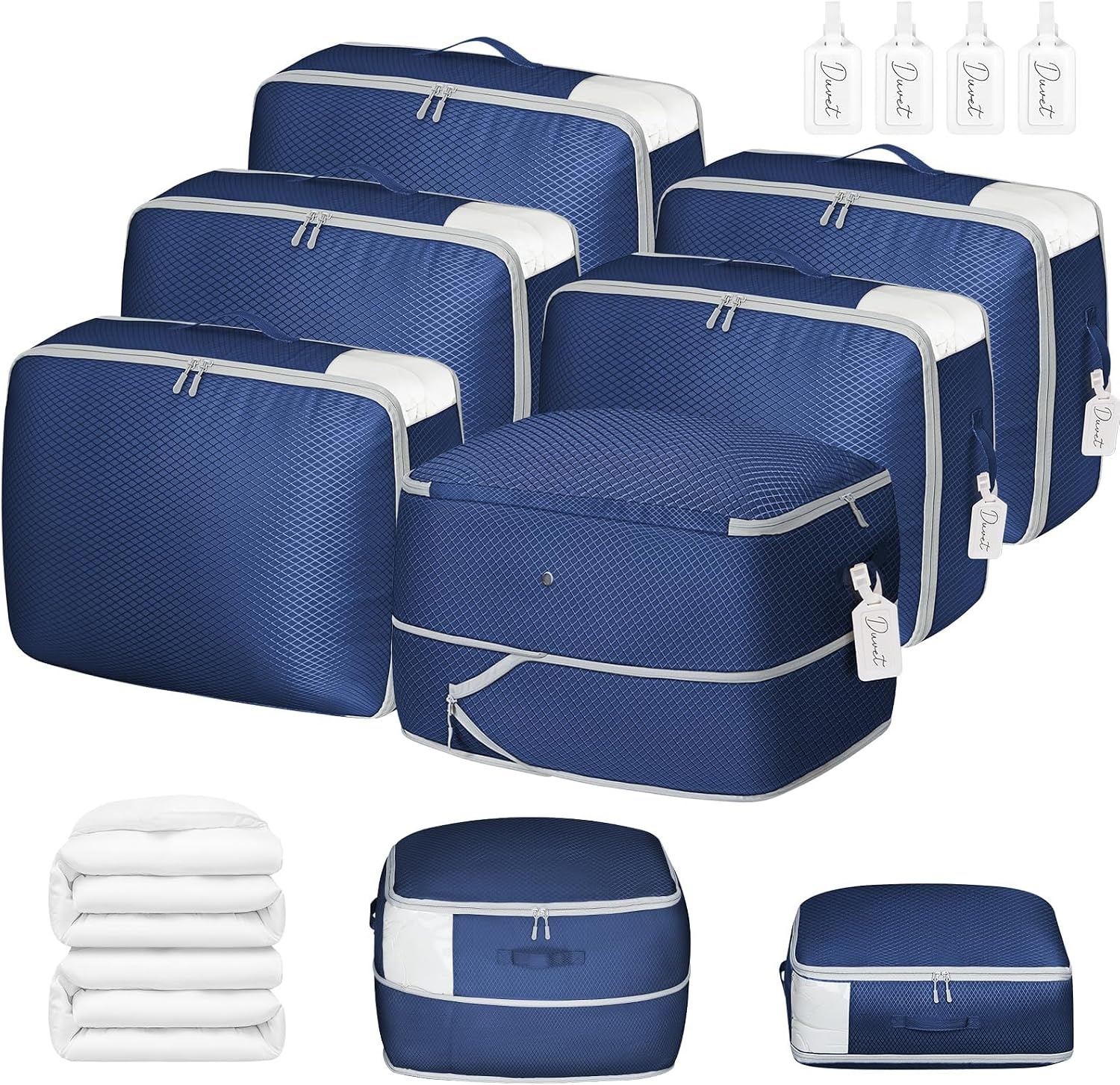 image:imageDIMJ Compression Storage Bags 8 Pack Blanket Storage Bags with Window Zipper Ultra Space Saving Self Compression Organizer for Puffer Jacket Bedding Lightweight Comforter Duvet Sweater SheetNavy Blue