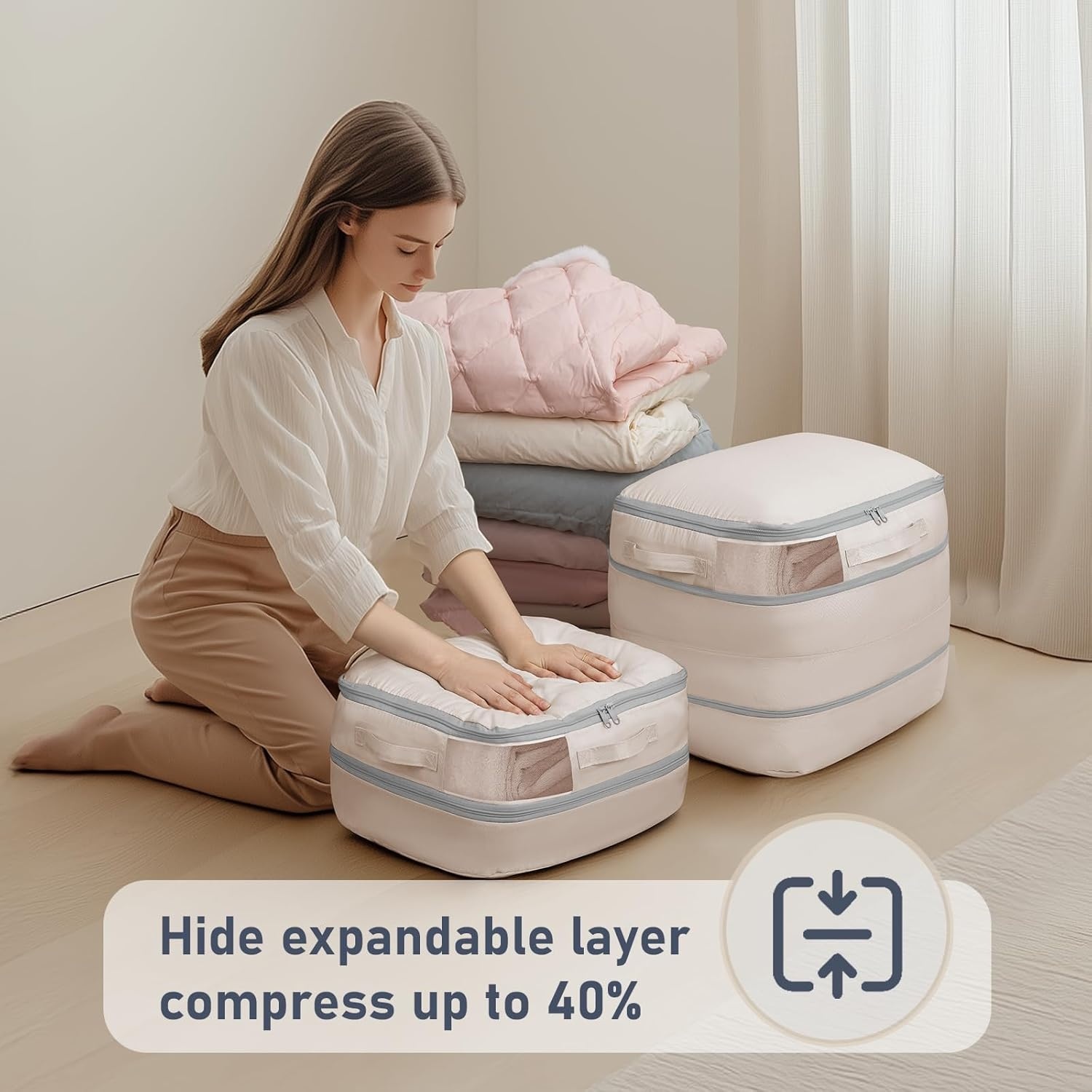 image:imageDIMJ Compression Storage Bags 8 Pack Blanket Storage Bags with Window Zipper Ultra Space Saving Self Compression Organizer for Puffer Jacket Bedding Lightweight Comforter Duvet Sweater SheetBeige