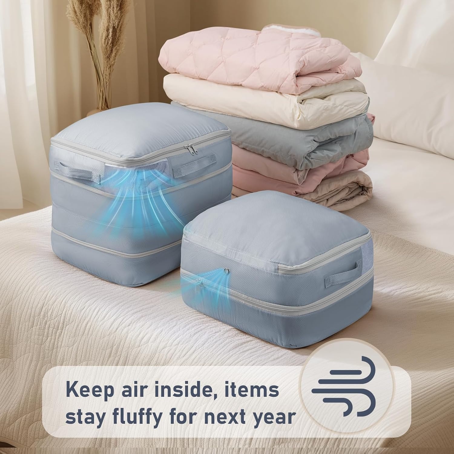 image:imageDIMJ Compression Storage Bags 8 Pack Blanket Storage Bags with Window Zipper Ultra Space Saving Self Compression Organizer for Puffer Jacket Bedding Lightweight Comforter Duvet Sweater SheetGray