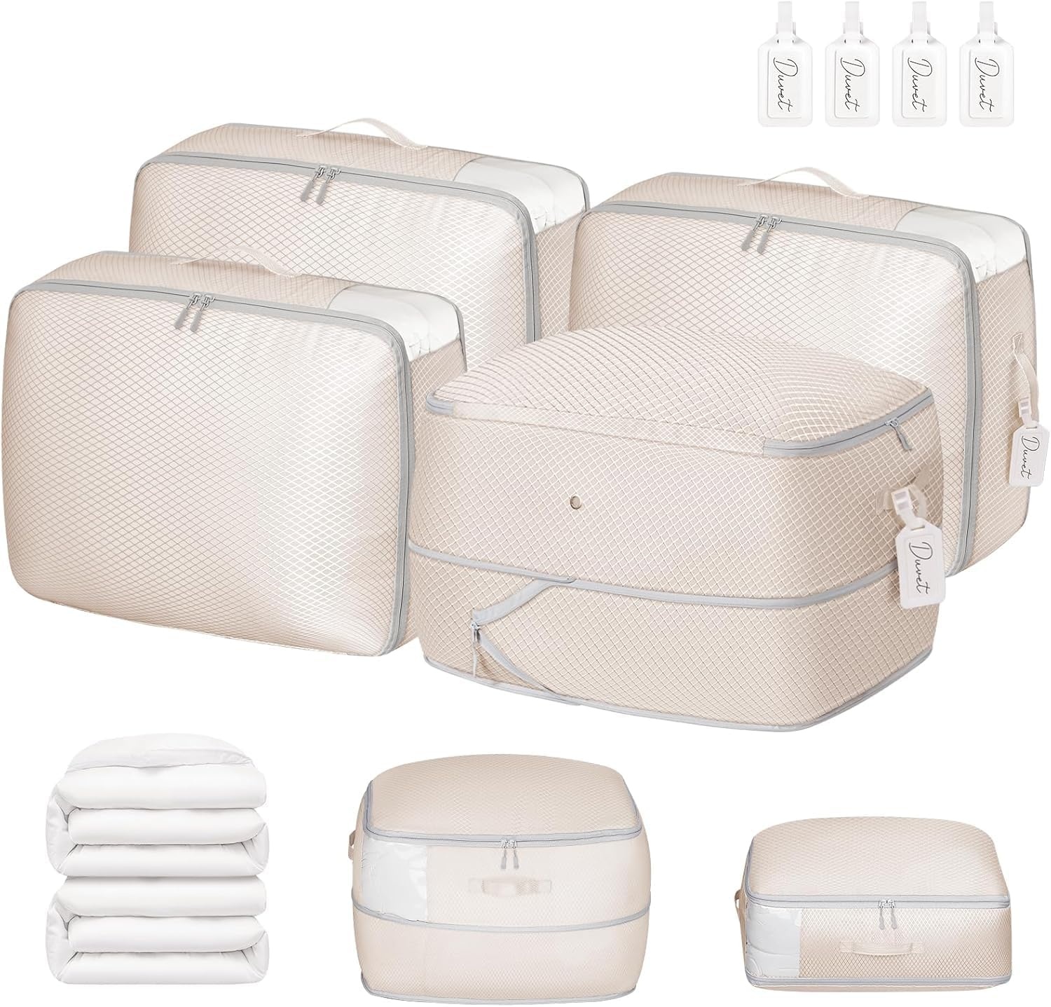 image:imageDIMJ Compression Storage Bags 8 Pack Blanket Storage Bags with Window Zipper Ultra Space Saving Self Compression Organizer for Puffer Jacket Bedding Lightweight Comforter Duvet Sweater SheetBeige
