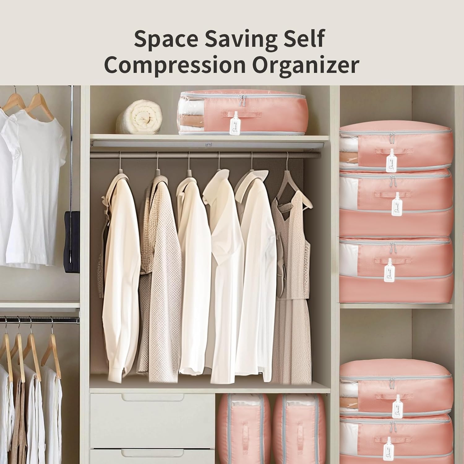 image:imageDIMJ Compression Storage Bags 8 Pack Blanket Storage Bags with Window Zipper Ultra Space Saving Self Compression Organizer for Puffer Jacket Bedding Lightweight Comforter Duvet Sweater SheetPink