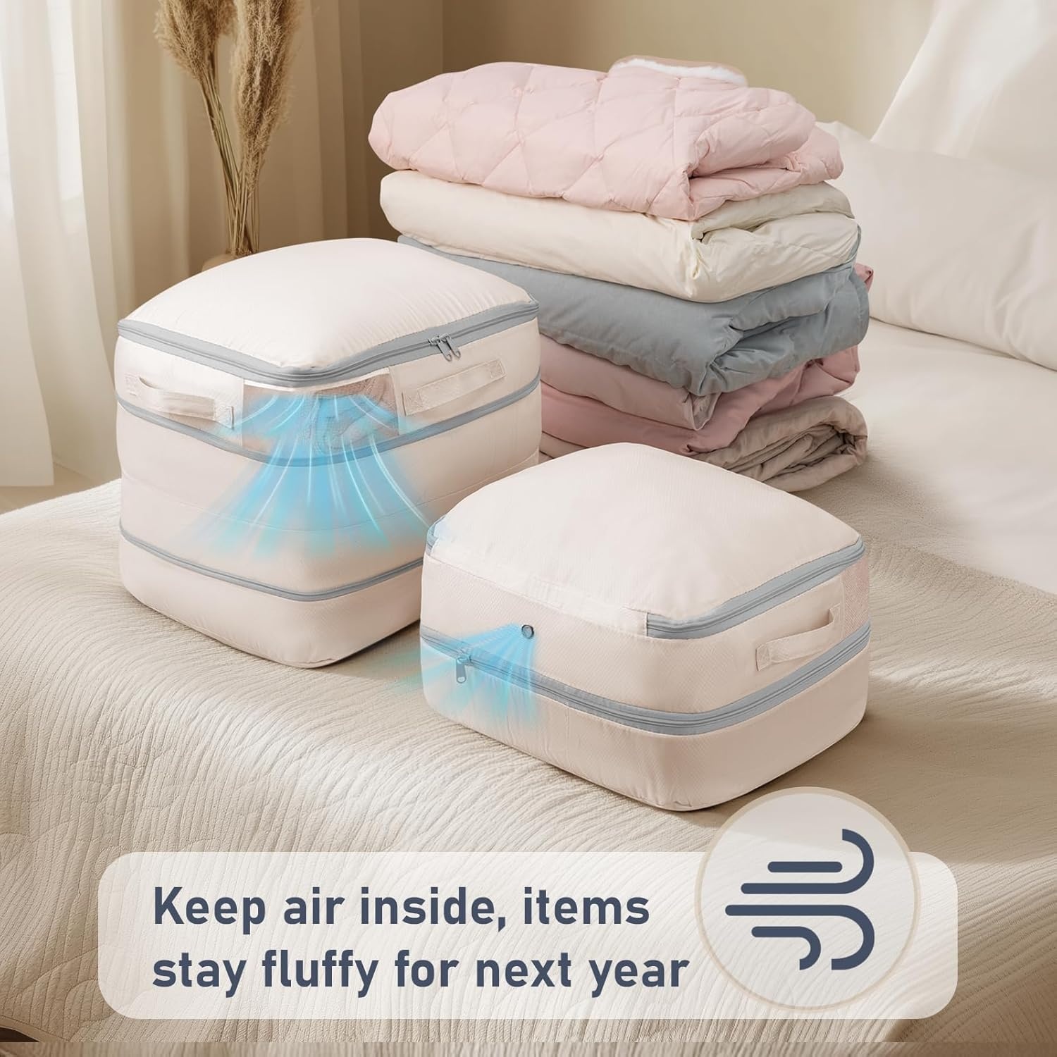 image:imageDIMJ Compression Storage Bags 8 Pack Blanket Storage Bags with Window Zipper Ultra Space Saving Self Compression Organizer for Puffer Jacket Bedding Lightweight Comforter Duvet Sweater SheetBeige