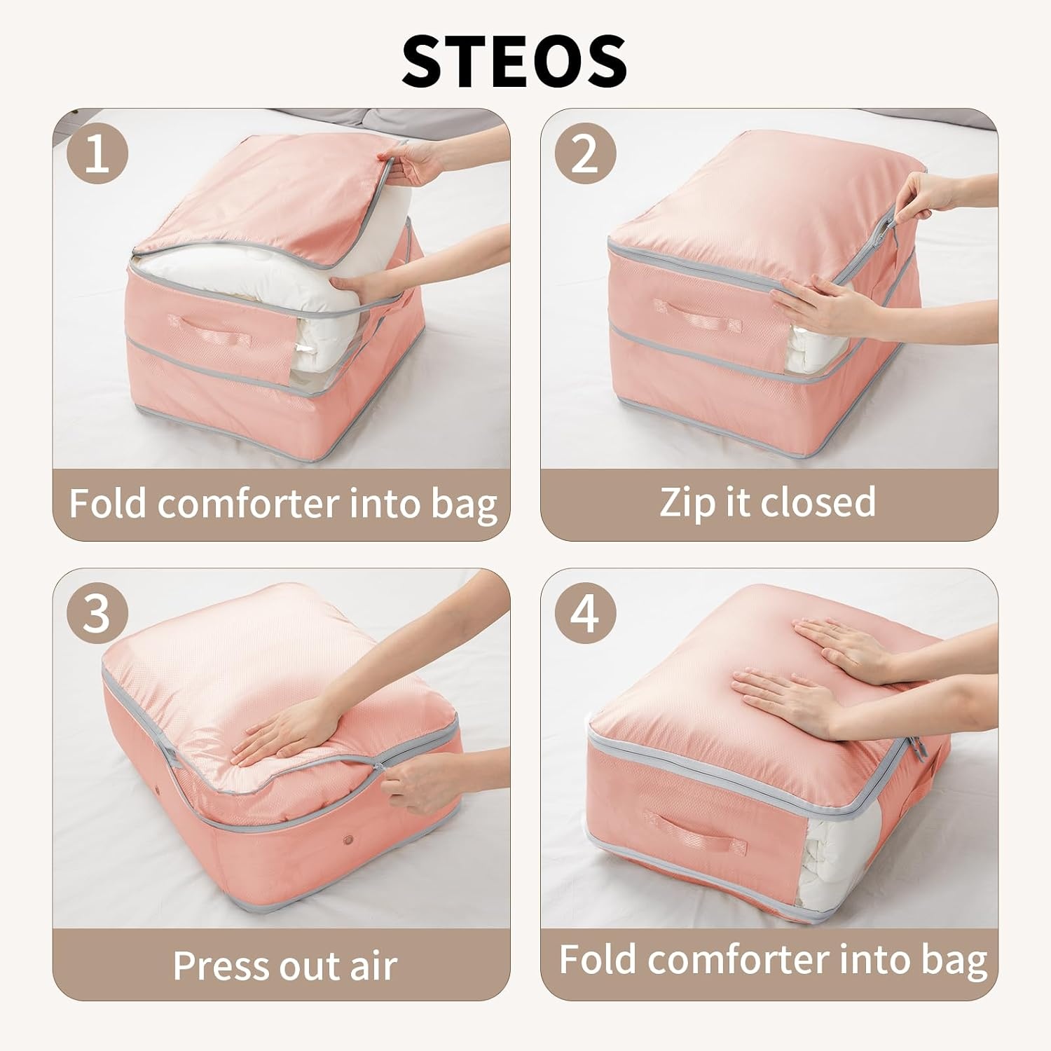 image:imageDIMJ Compression Storage Bags 8 Pack Blanket Storage Bags with Window Zipper Ultra Space Saving Self Compression Organizer for Puffer Jacket Bedding Lightweight Comforter Duvet Sweater SheetPink